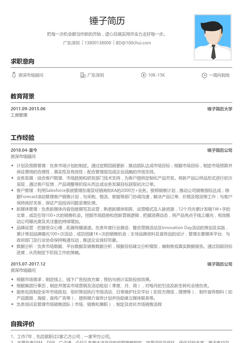 资深市场顾问简历模板