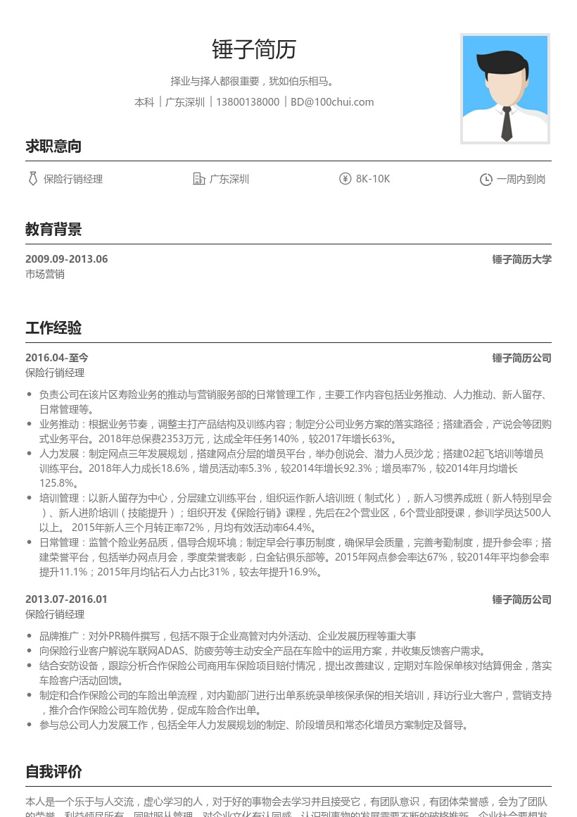 保险行销经理简历模板