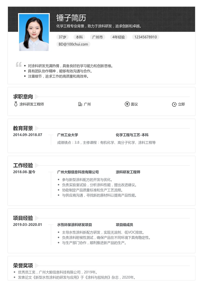 涂料研发简历模板