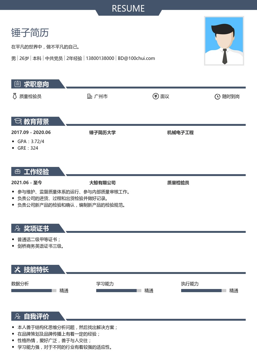 质量检验员个人简历范文