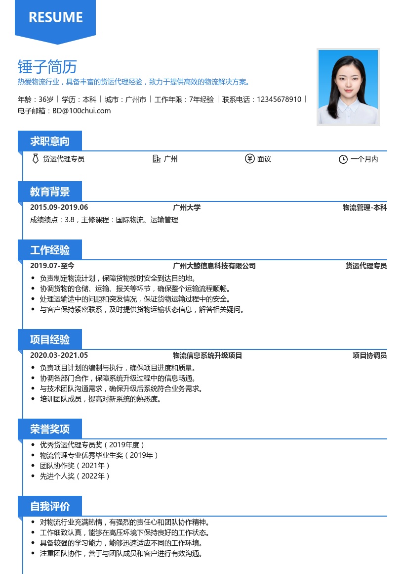 货运代理专员简历模板