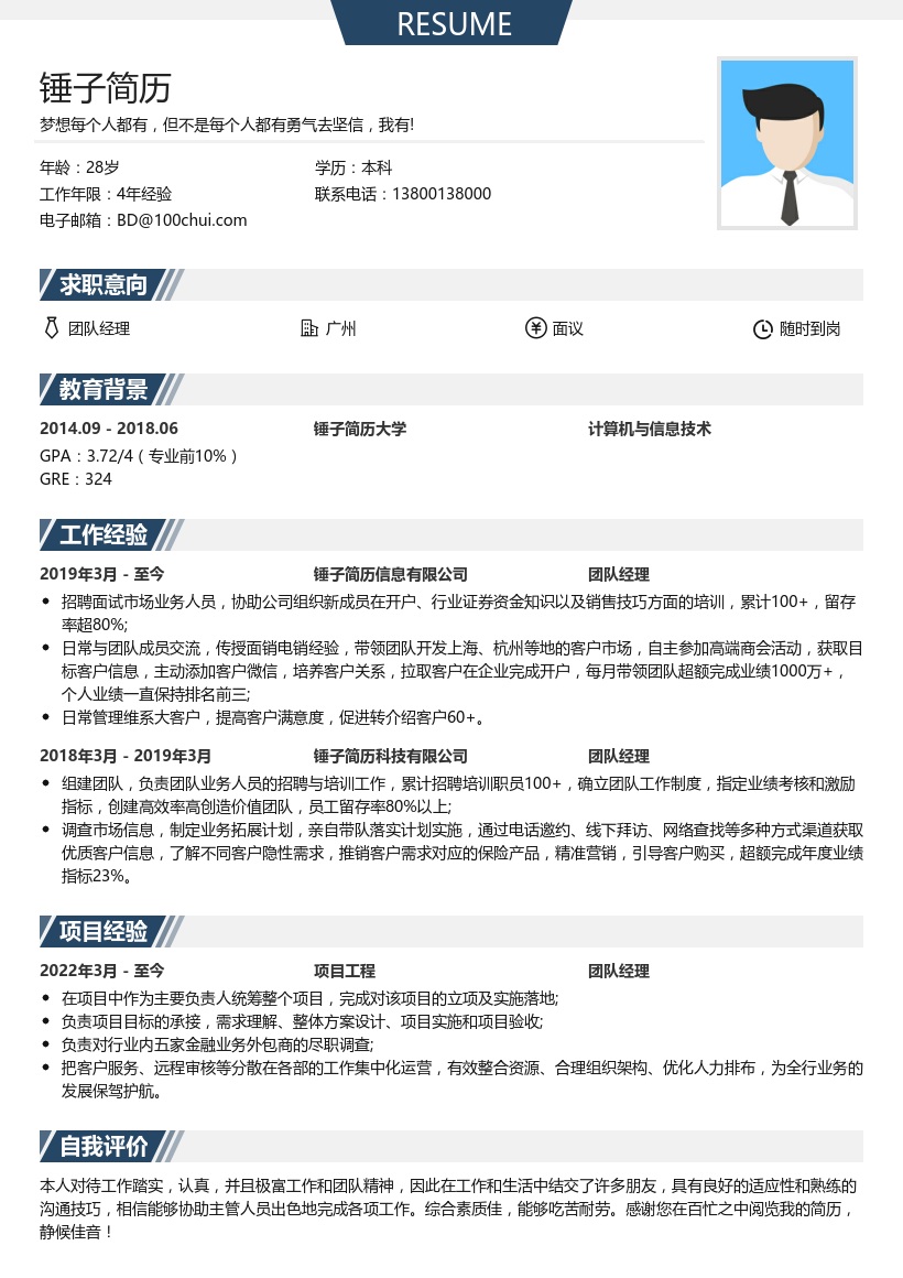 团队经理简历模板