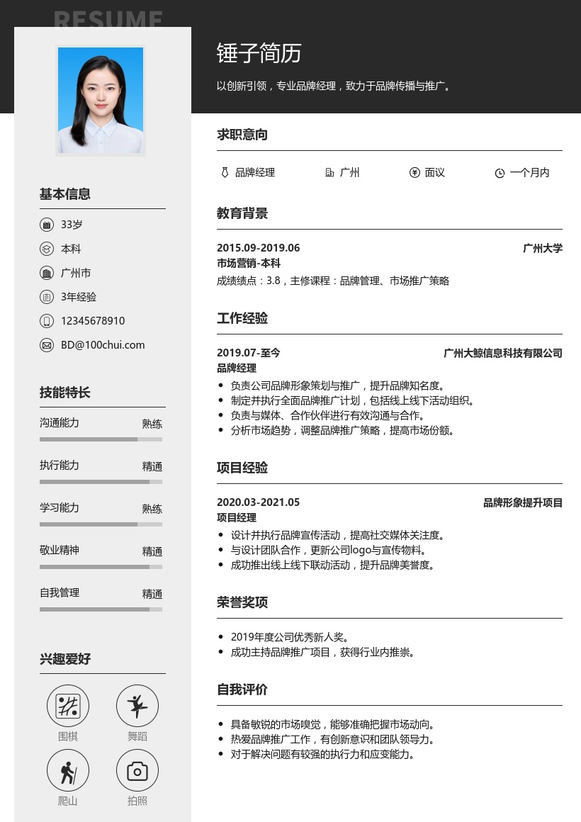 品牌经理简历模板