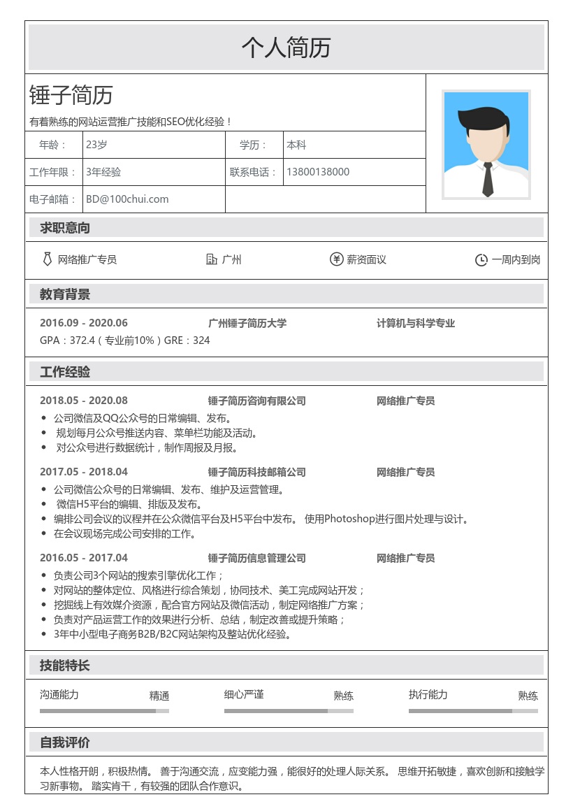 网络推广专员个人简历模板