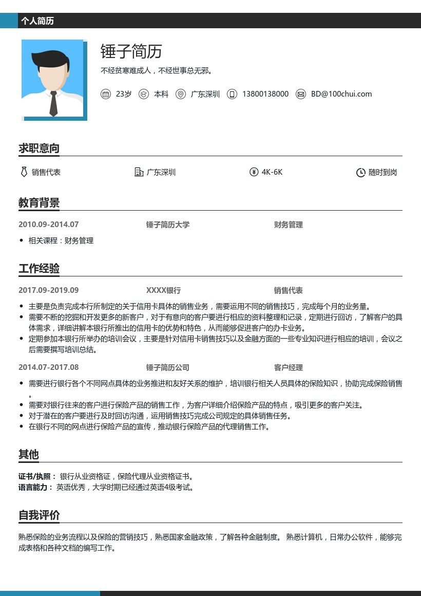 信用卡销售代表简历模板