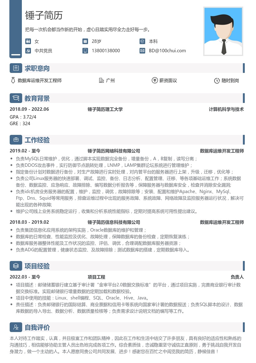 数据库运维开发工程师简历模板