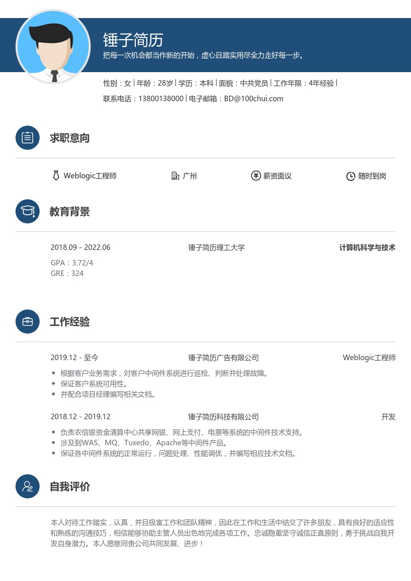 Weblogic工程师求职简历