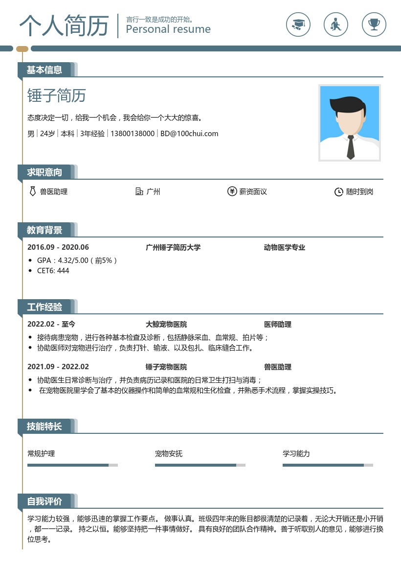 兽医助理简历范文