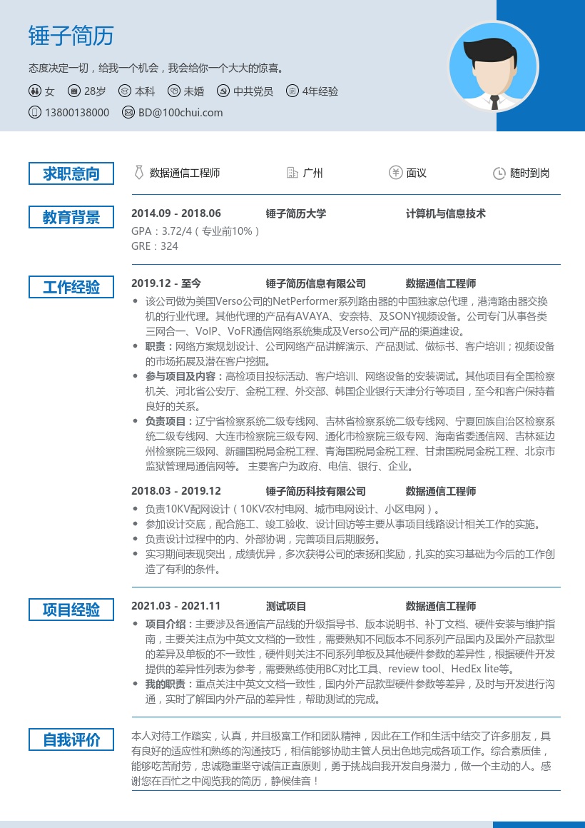 数据通信工程师简历模板