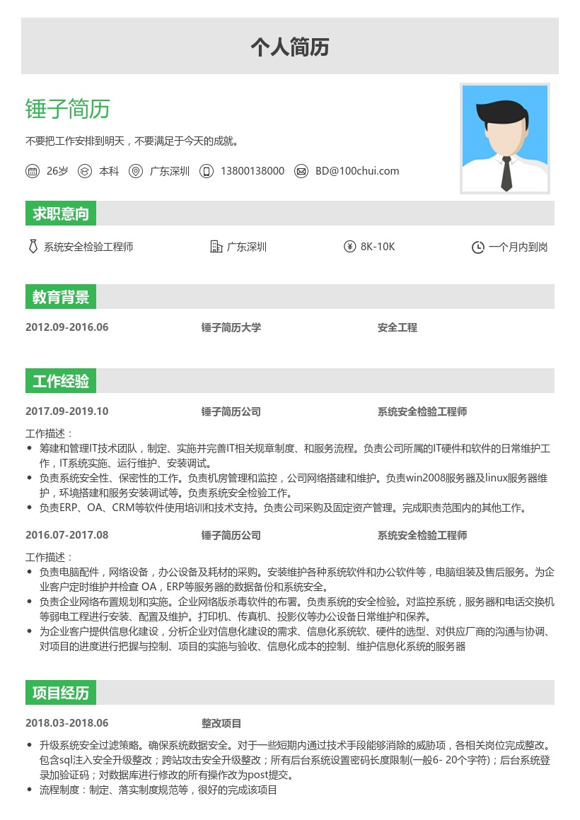 系统安全检验工程师简历模板