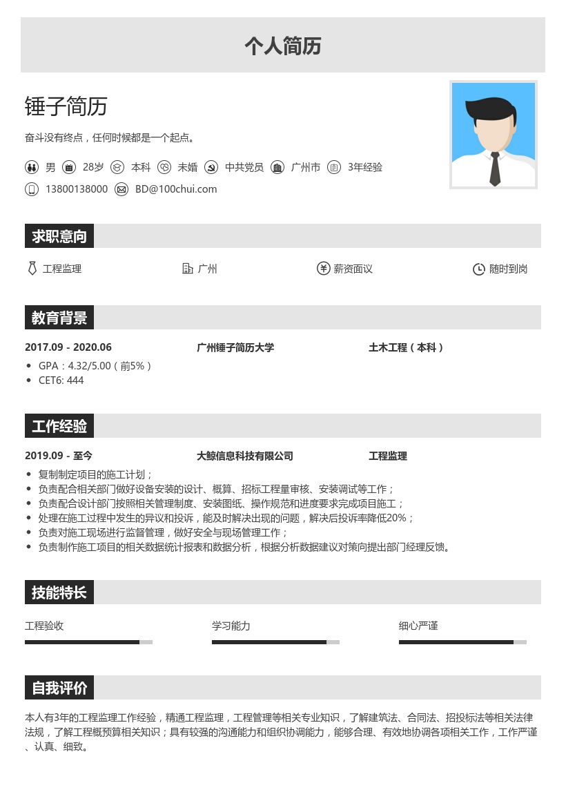 工程监理简历模板