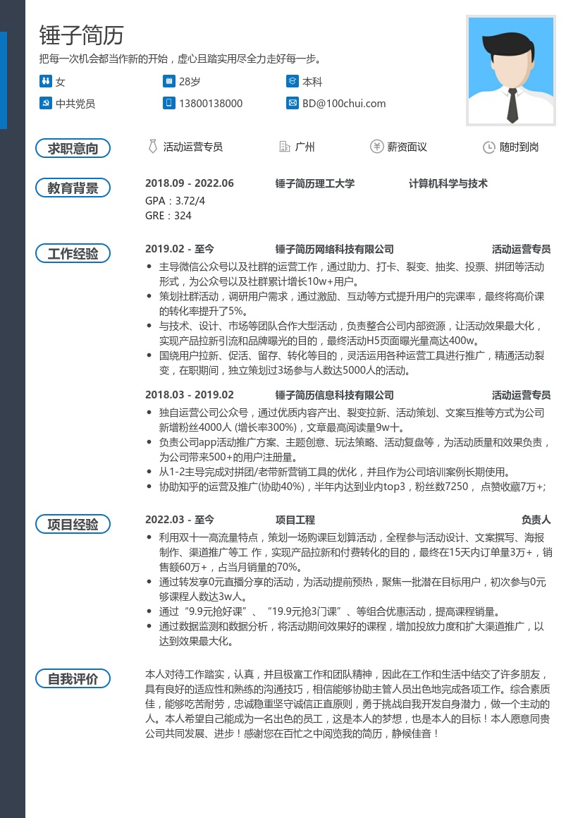 活动运营专员简历模板(适用2-3年经验)