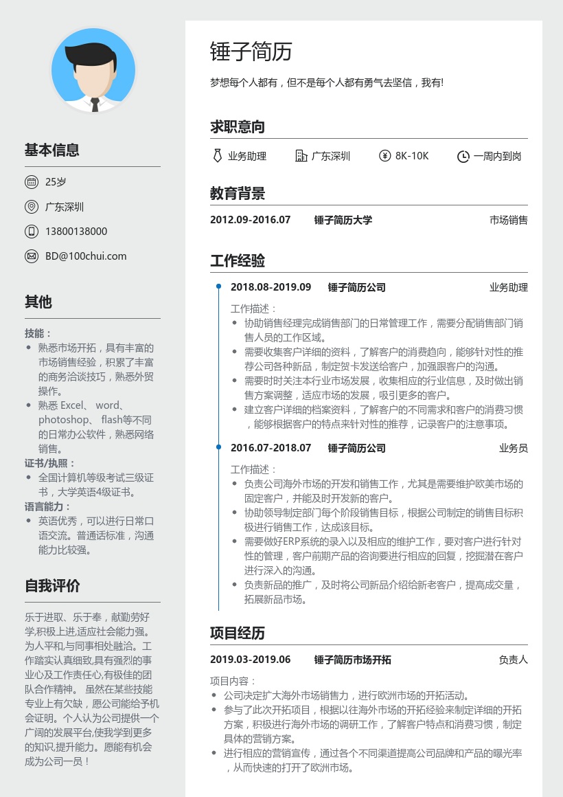设备销售业务助理简历模板