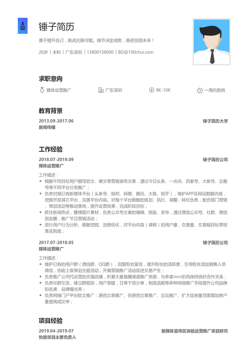 媒体运营推广简历模板