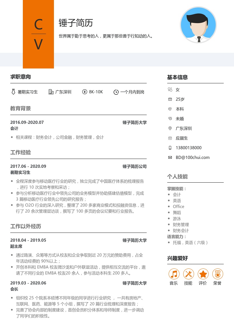 中信证券暑期实习生简历模板