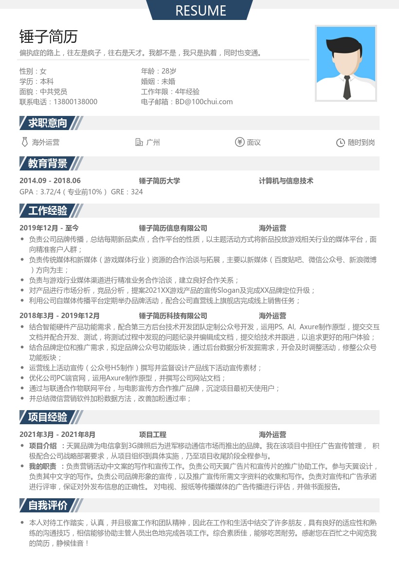 海外运营简历模板