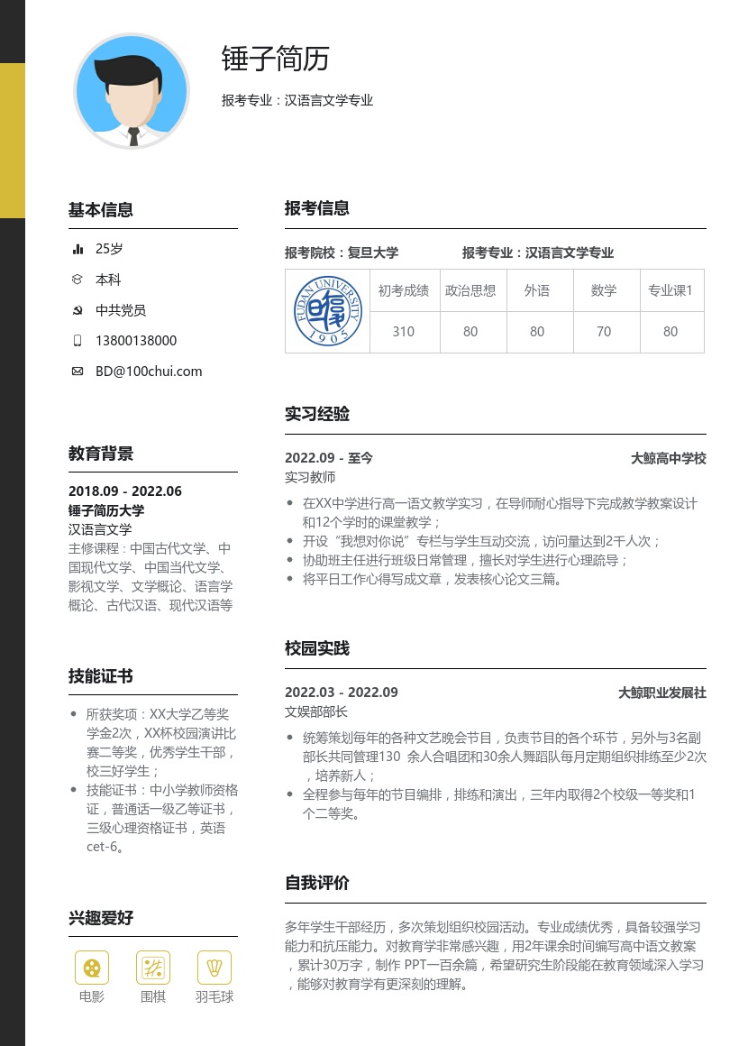 汉语言文学专业考研复试简历