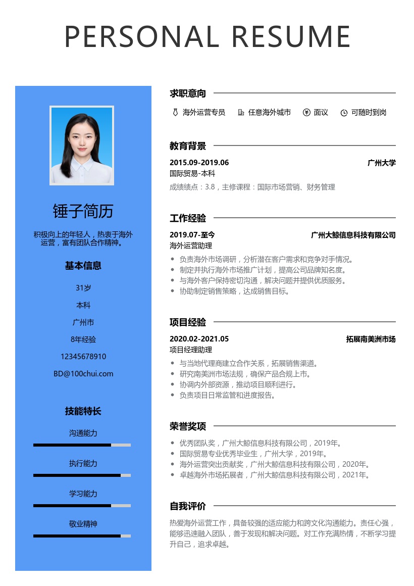 海外运营简历模板