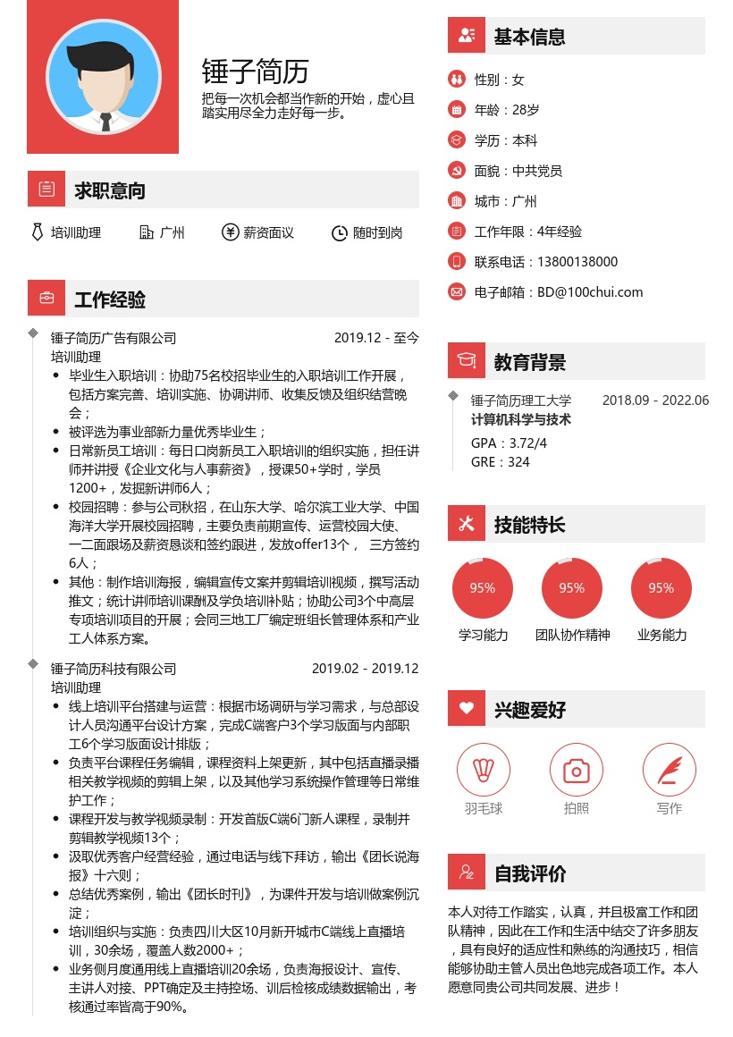 培训助理简历模板