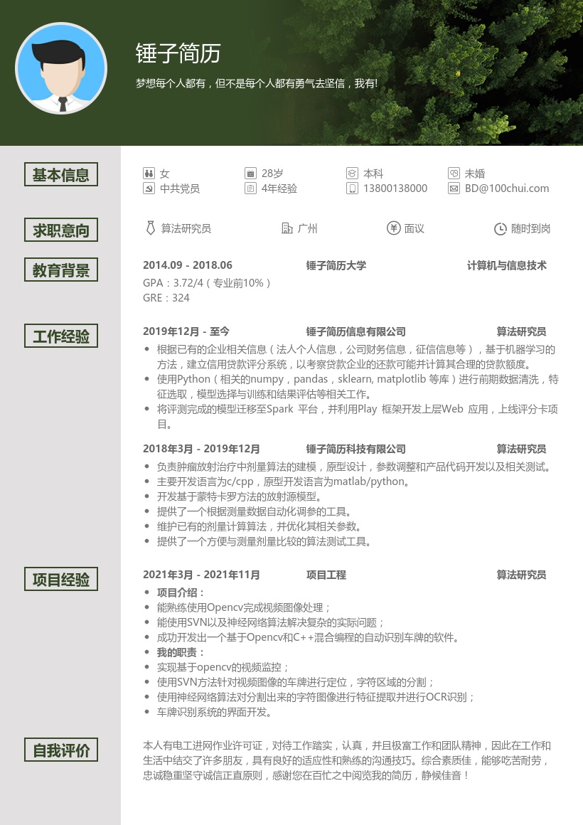 算法研究员简历