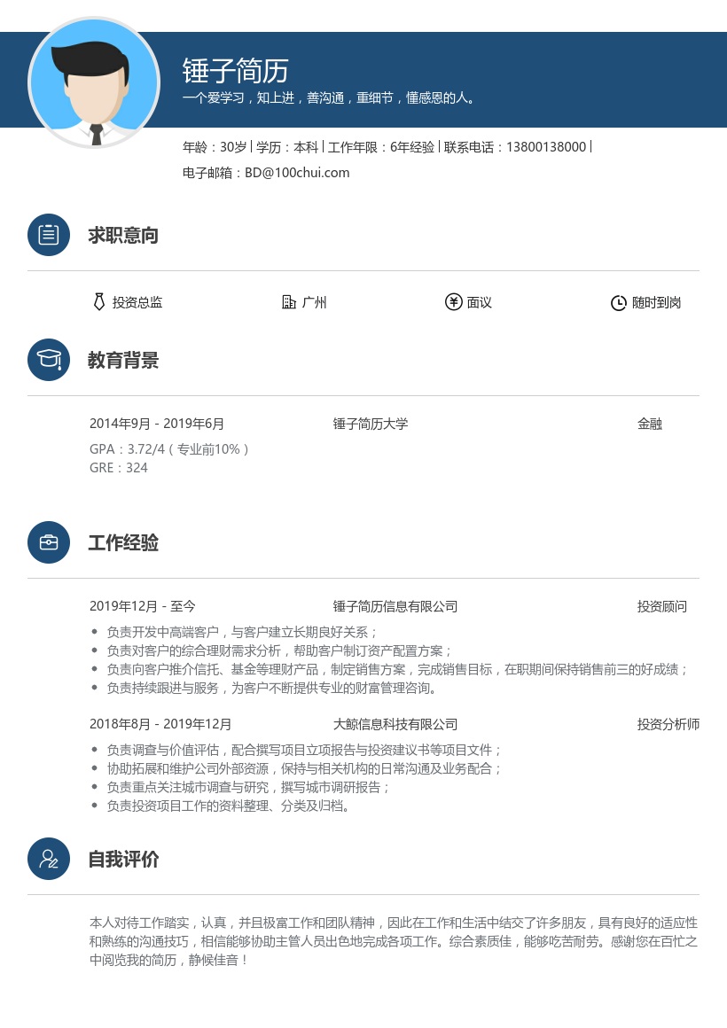 投资总监简历模板