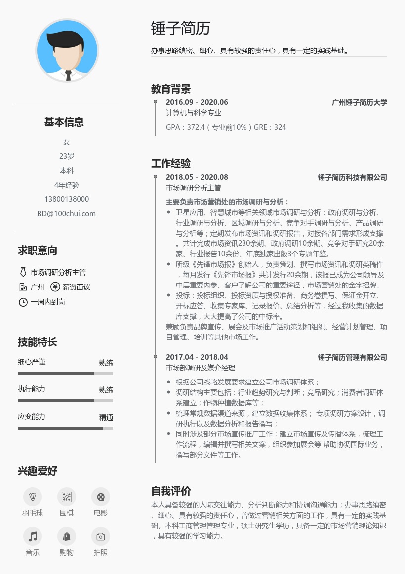 市场调研分析主管简历