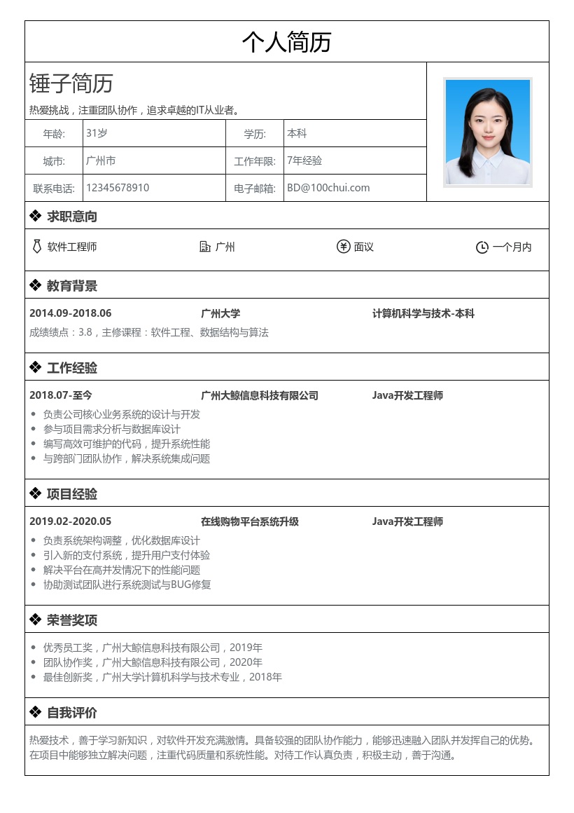 其他岗位简历模板