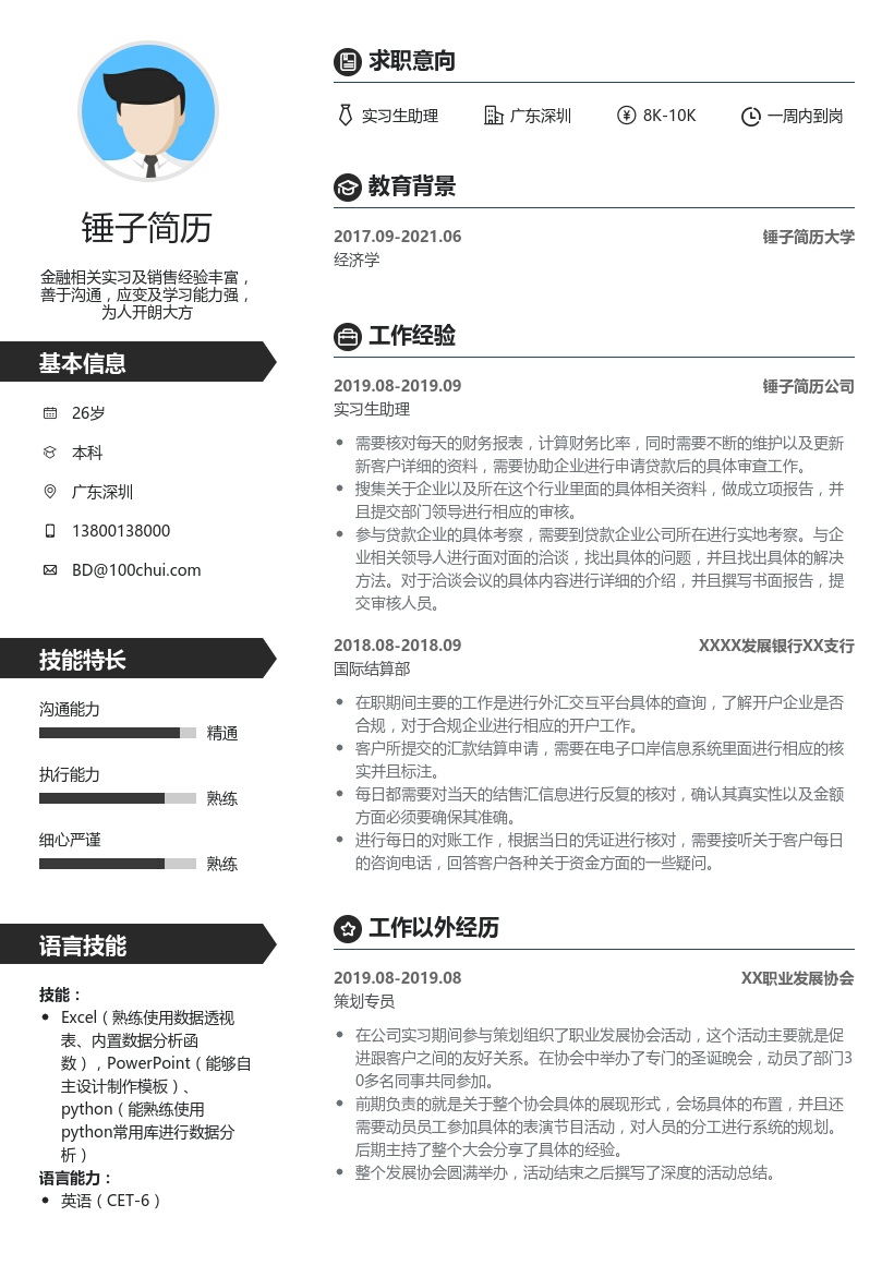 银行金融部助理简历模板