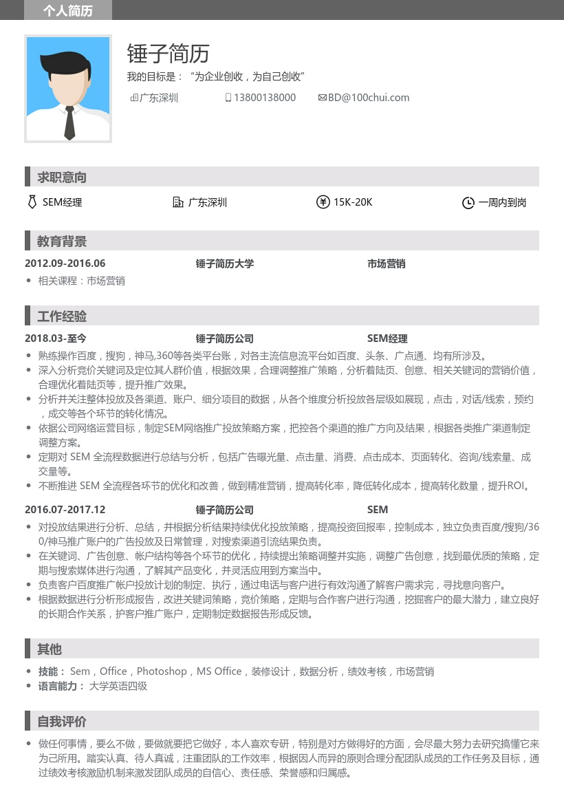 SEM经理简历模板