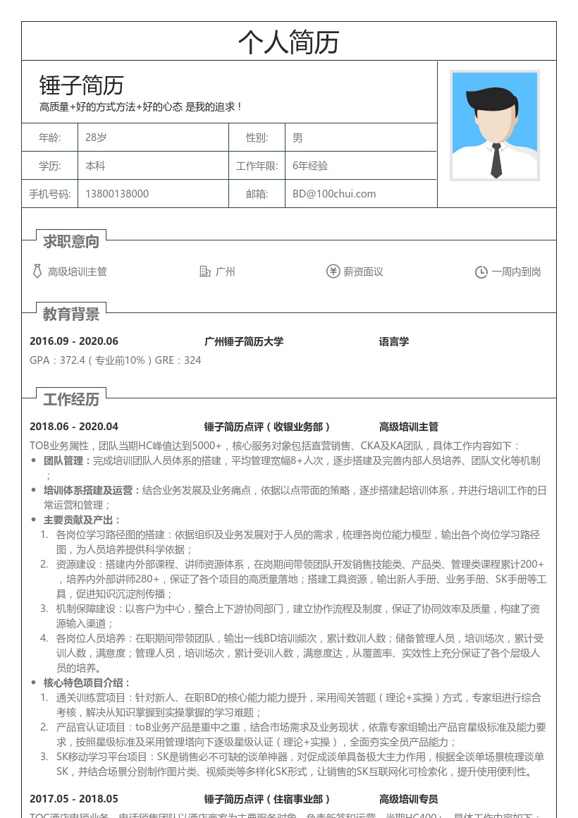 高级培训主管简历