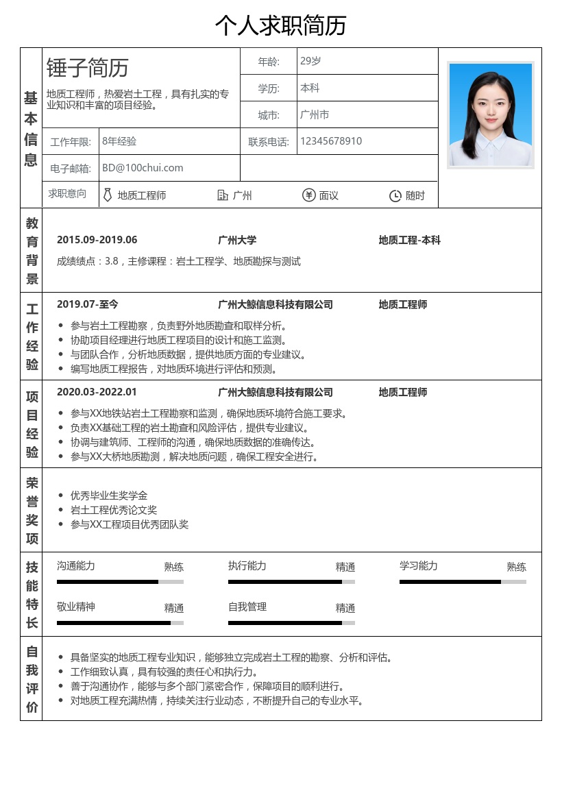 地质工程师简历模板