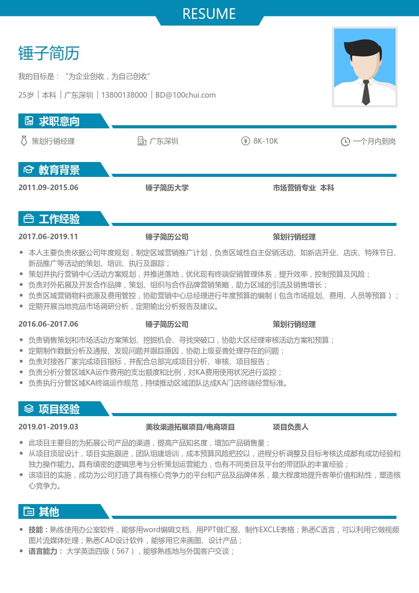 策划行销经理简历模板