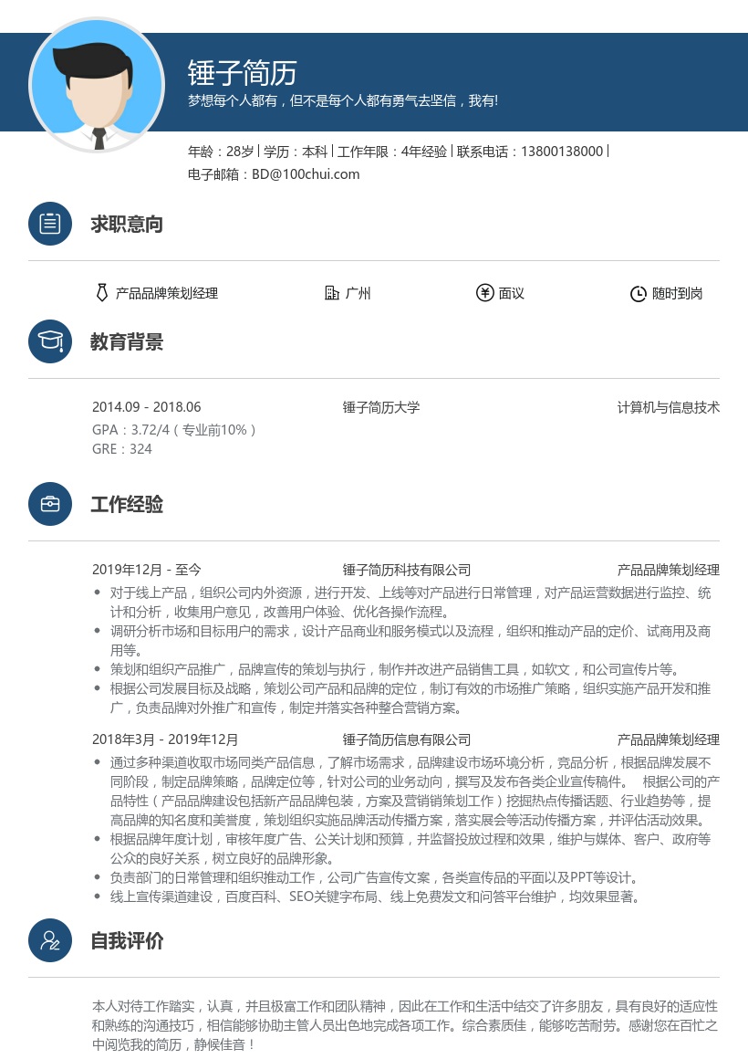 产品品牌策划经理简历