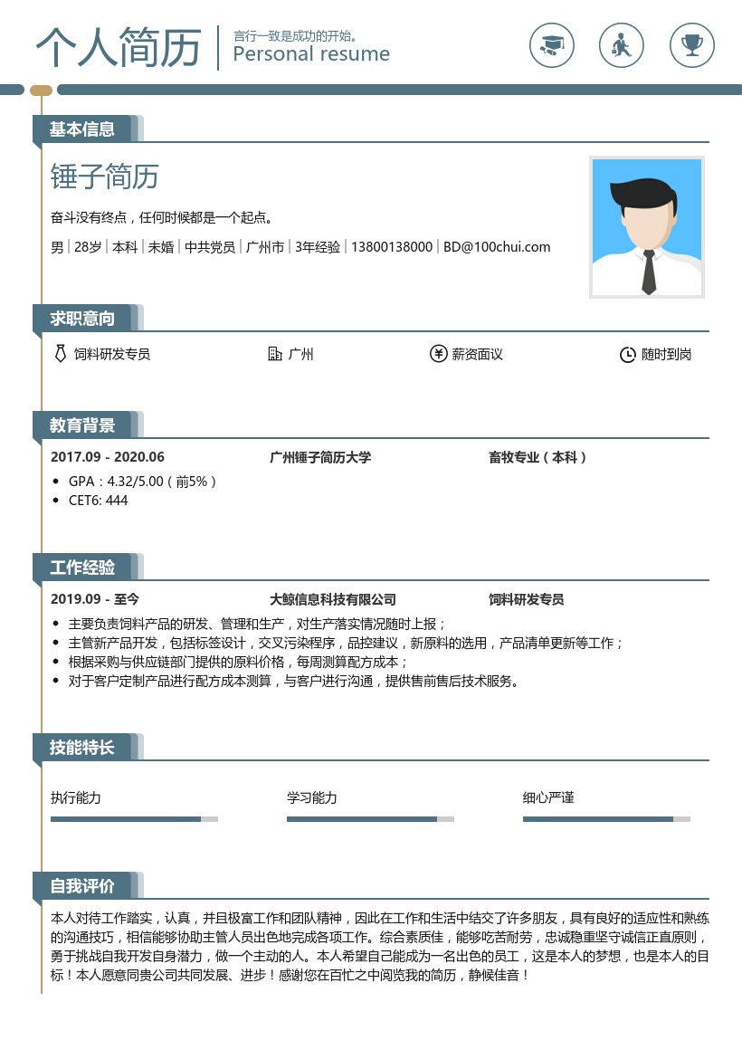 饲料研发专员简历模板
