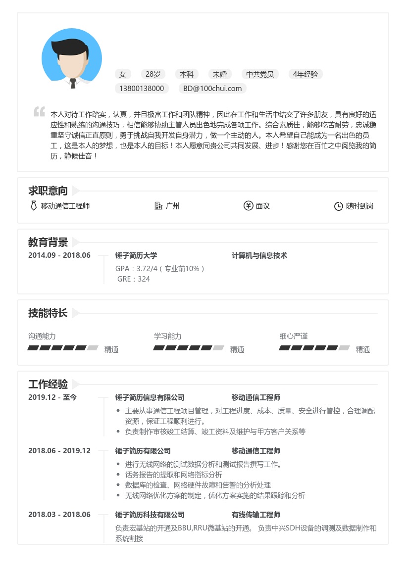 移动通信工程师简历模板