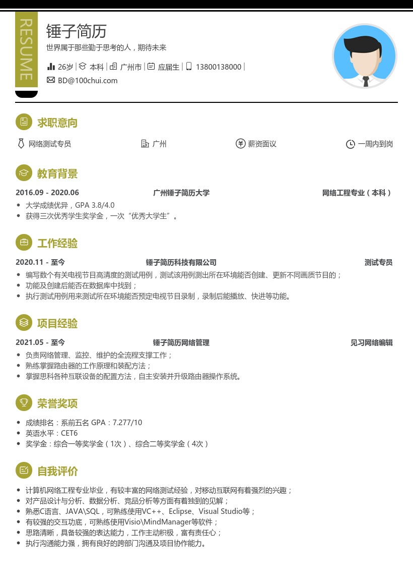 应届生网络测试专员简历