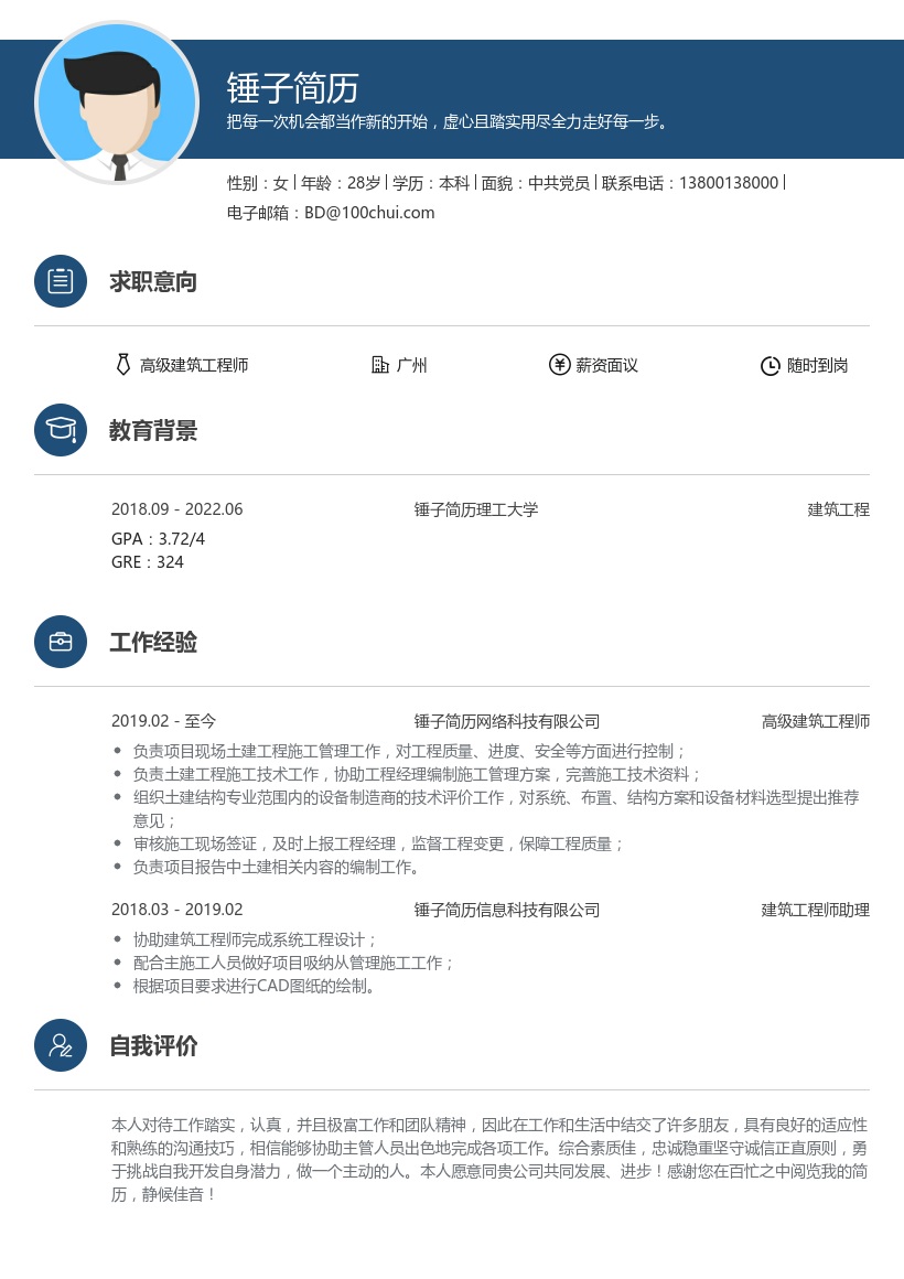 高级建筑工程师简历模版