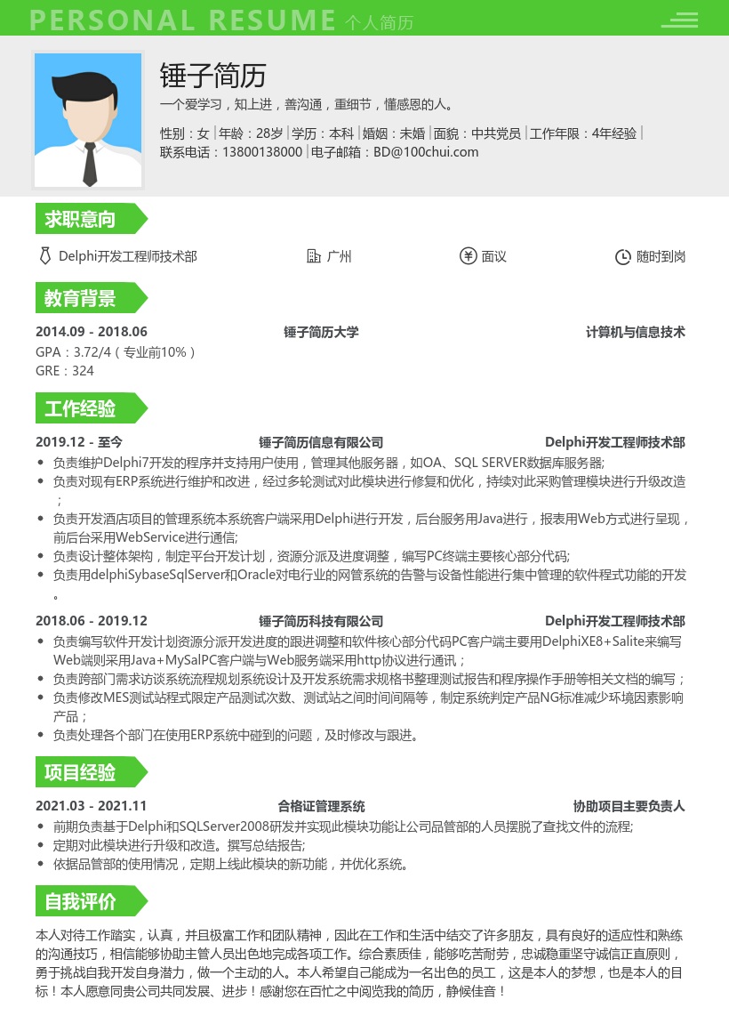 Delphi开发工程师技术部简历