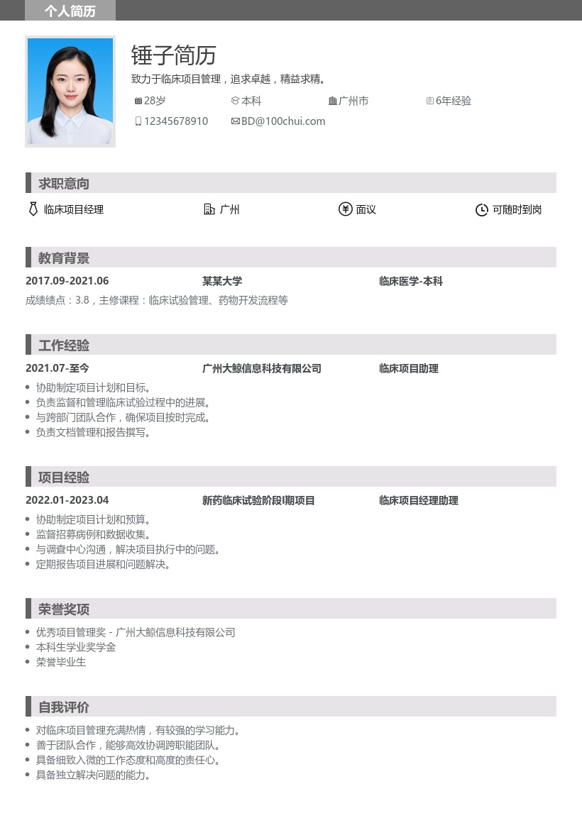 临床项目经理简历模板