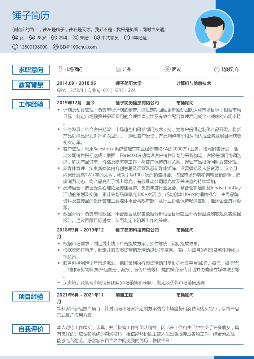 资深市场顾问简历