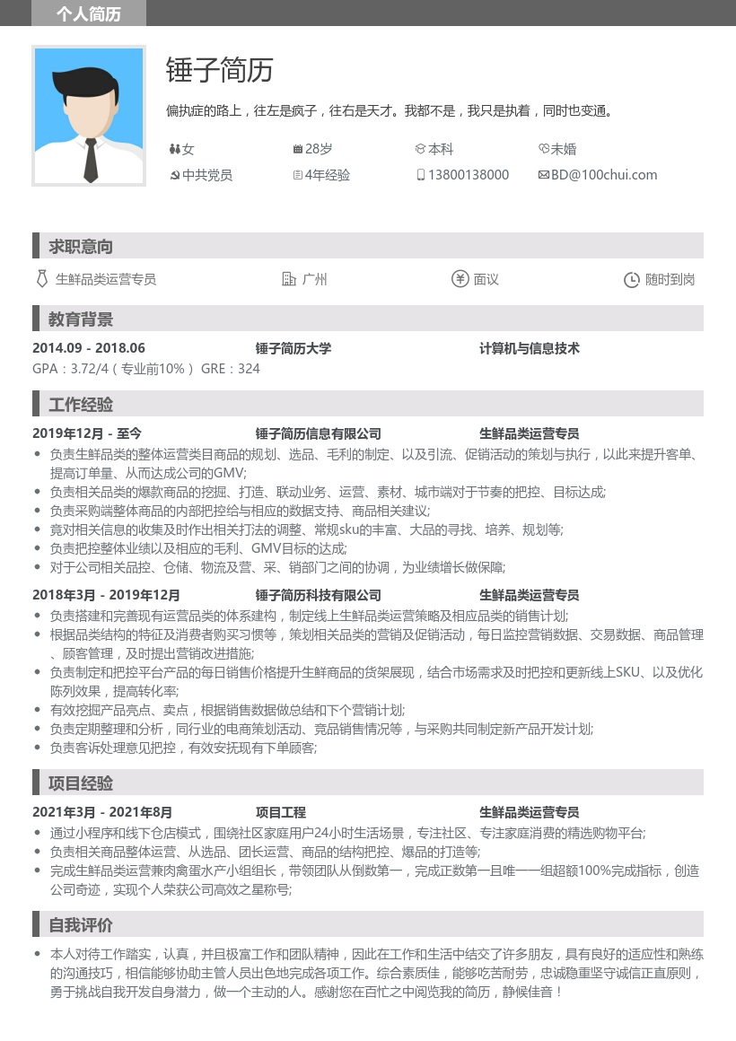 生鲜品类运营专员简历