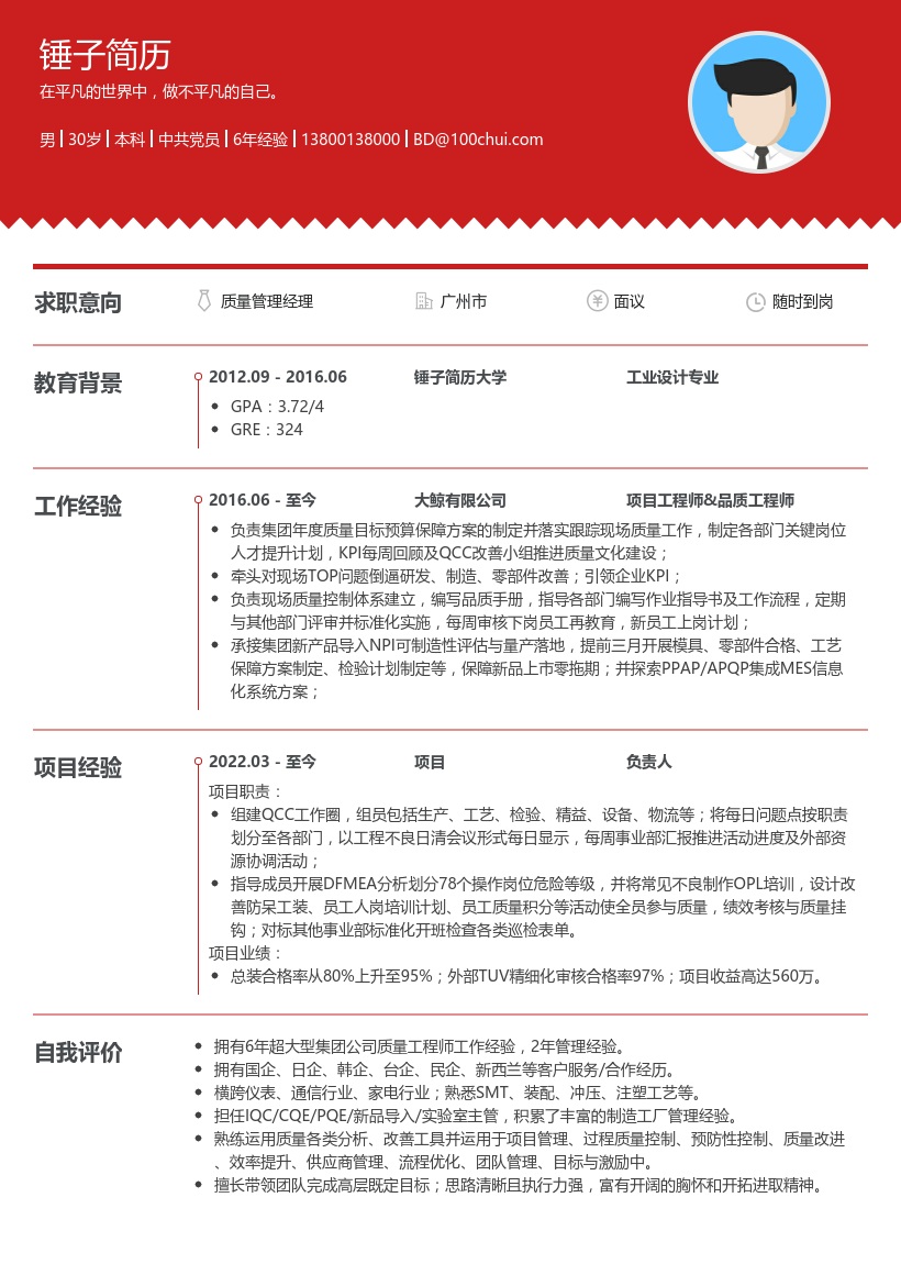 质量管理经理求职简历