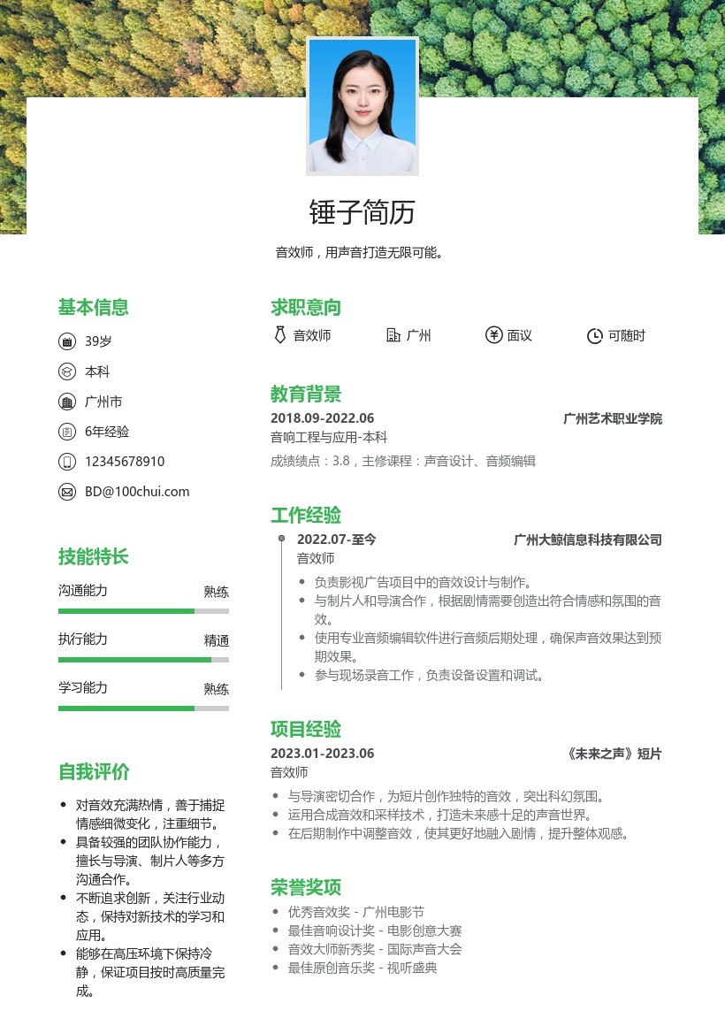 音效师简历模板