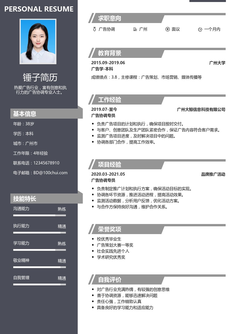 广告协调简历模板