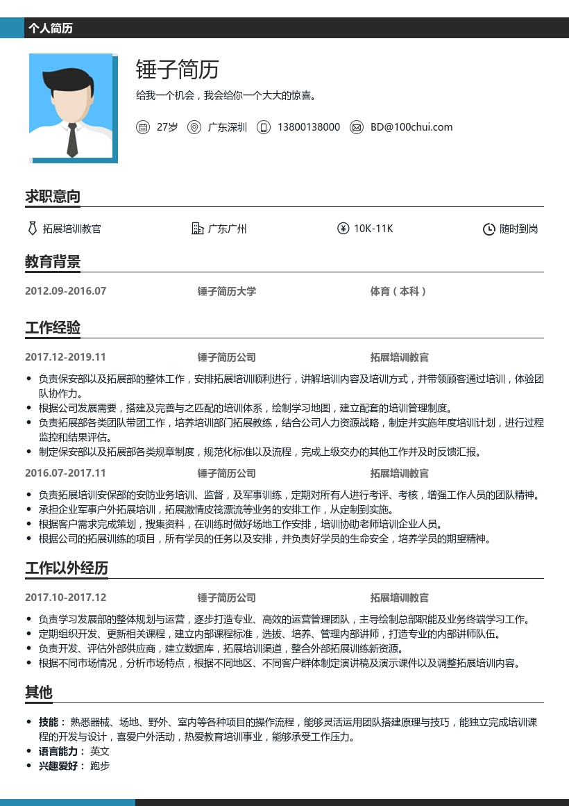 拓展培训教员简历模板