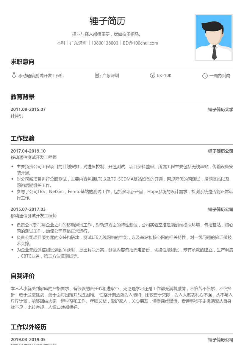 移动通信测试开发工程师简历模板