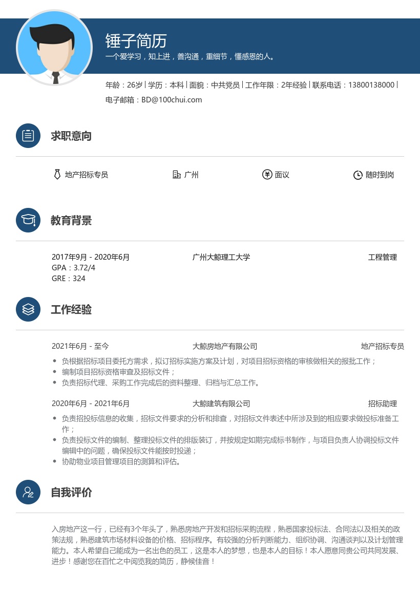 地产招标专员简历模板