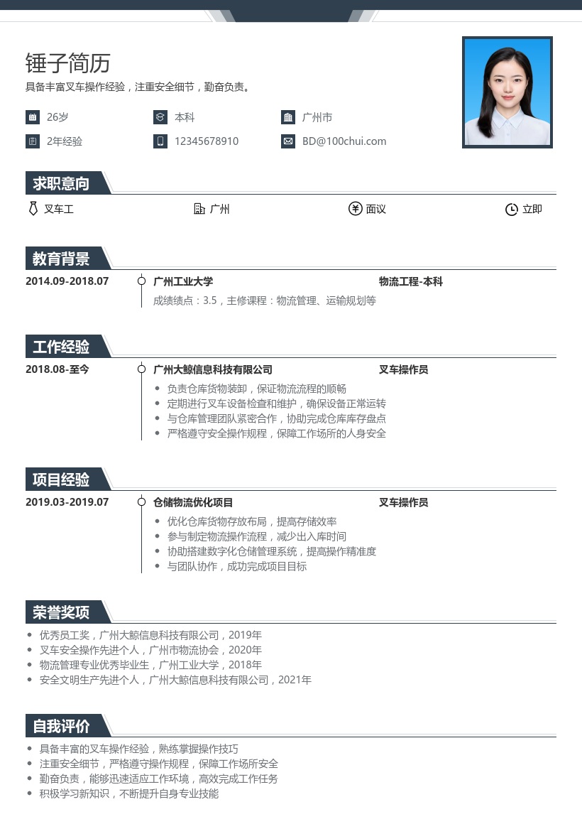 叉车工简历模板