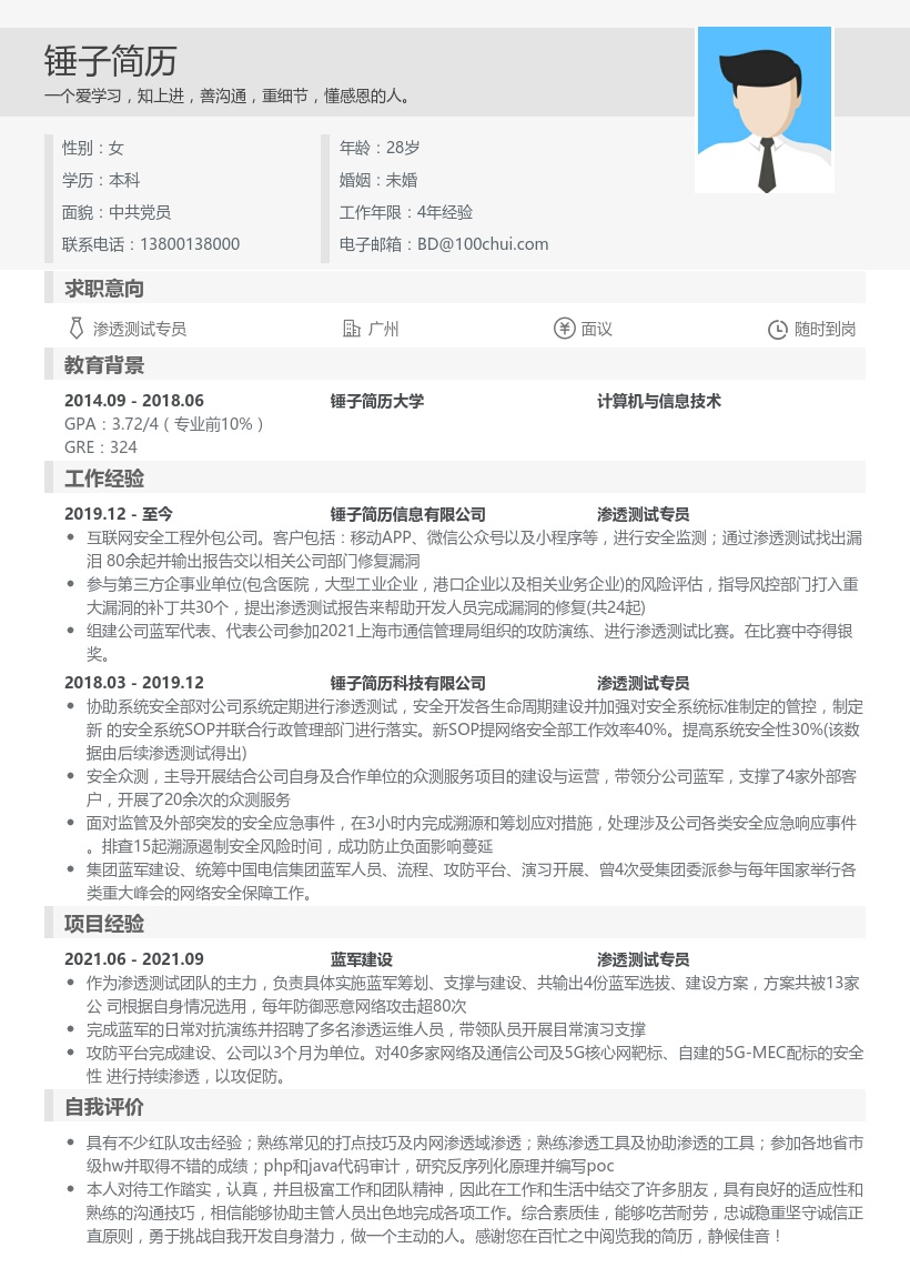 渗透测试专员简历模板