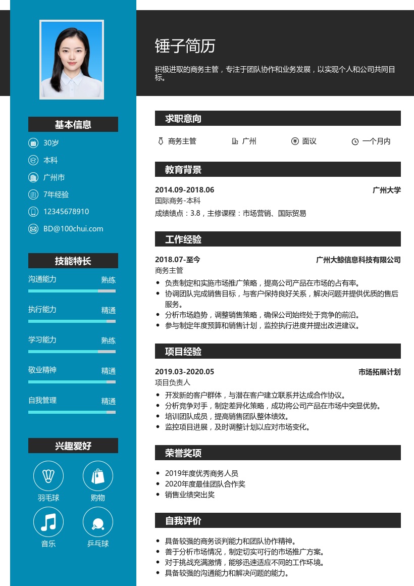 商务主管简历模板